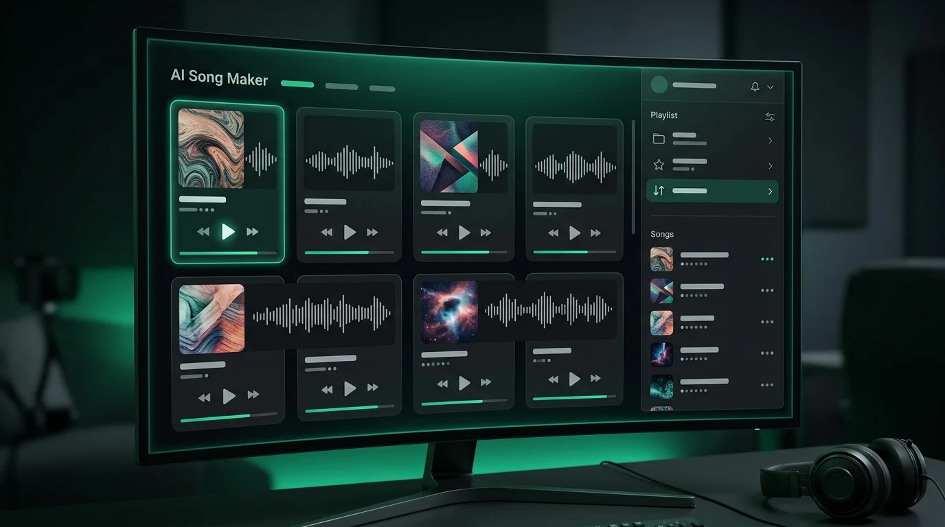 AI Song Maker results panel showing multiple generated song options
