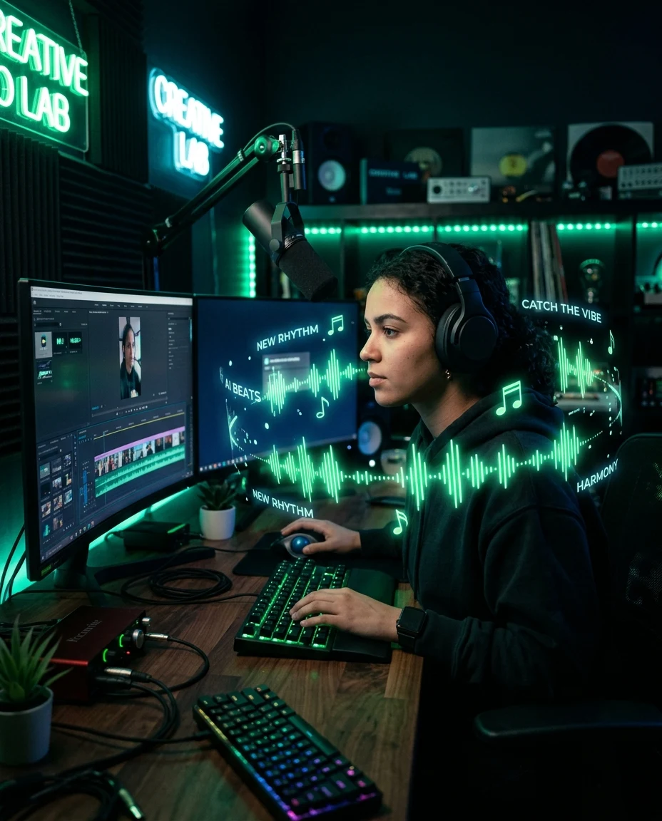 YouTube creator using an AI song maker to generate original music for short-form video